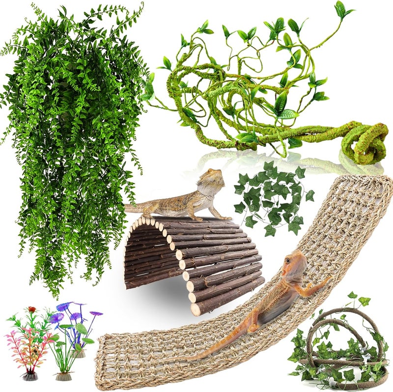 RUNANIA Bearded Dragon Tank Accessories, 10 PCS Reptile Hammock Plants Bridge Jungle Climber Vines for Snakes Bearded Dragon Chameleon Gecko Lizard - Image 1